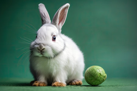 Easter bunny rabbit on a green background holding a painted egg that is green. holiday concept for Easter. Generative AIの素材