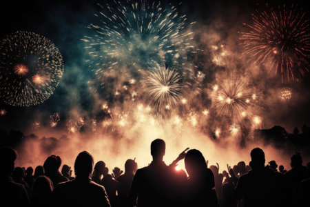 crowd enjoying and watching fireworks. Generative AIの素材