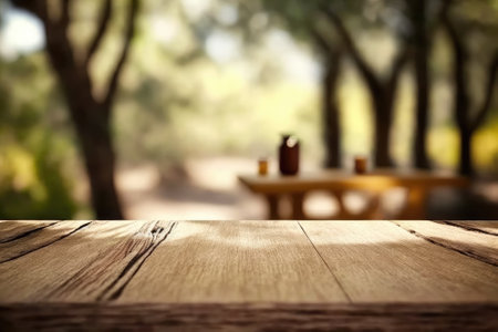 Wooden board empty table in front of blurred background. Perspective brown wood over blur trees in forest can be used mock up for display or montage your products. Generative AIの素材