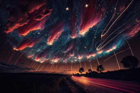 streaks of fireworks in the night sky. Generative AIの素材