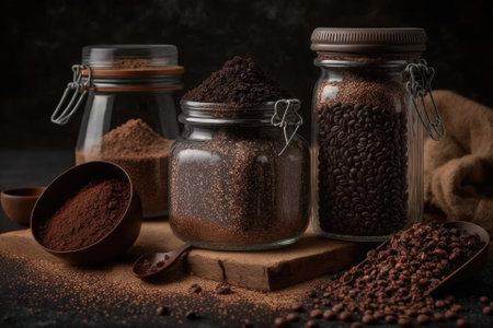 On a dark table, coffee beans and ground coffee powder are stored in jars. Concept of coffee. Generative AIの素材
