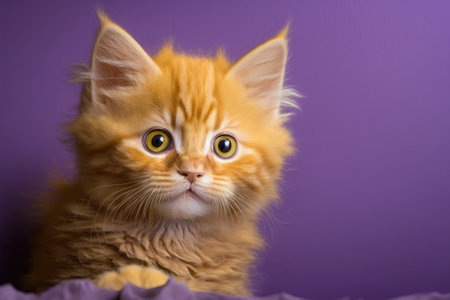 Ginger kitten with a curious expression. Purple backdrop for this horizontal image. Generative AIの素材