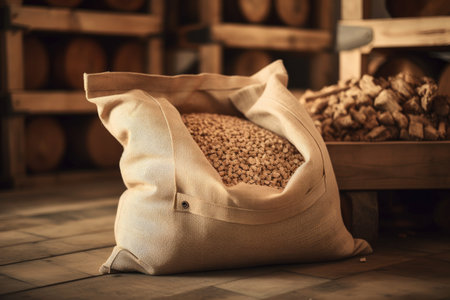 Bag with wood pellets and firewood in living room. Generative AIの素材