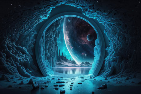 Neon light, icy planet, futuristic fantasy scenery, sci fi landscape. Metaverse. undiscovered planet in a galaxy. Natural setting in the dark with water reflecting light. neon galaxy doorway in space. Generative AIの素材