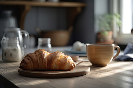 Croissant and coffee on the kitchen counter, with a minimalist environment with contemporary furnishings in the background. focusing on baked pastries and a cup of tea on a wooden table, copy space, a. Generative AIの素材