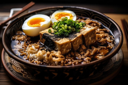 Delicious Taiwanese cuisine with soy sauce and bonito flakes on top that includes chilled tofu and century eggs. Generative AIの素材