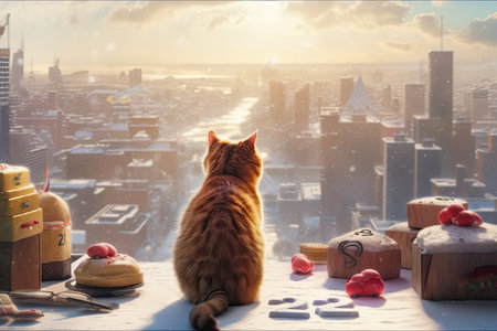 A cat contemplating the future while next to it are the figures for the incoming new year 2023 contains gingerbread cookies. A bright metropolis with snow in the background, with cookie numbers next t. Generative AIの素材