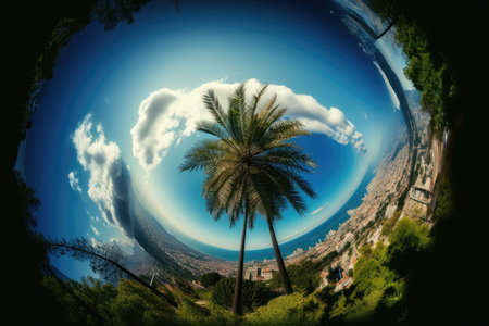 Atlanta, Batumi. palm frond. azure sky miniature Earth a miniature earth with a 360 degree viewing angle. globe wide view of the world. Generative AIの素材