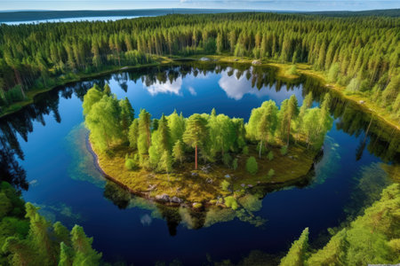Alpine woodland surrounds a lake in the vertical earth. Eco photograph with a reflection of the planet in the clouds. Generative AIの素材
