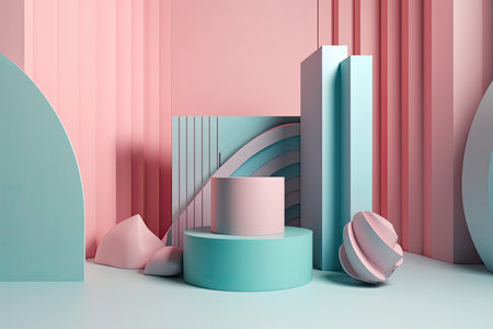 A mock up scene with an abstract background and a pedestal with a geometric shape for a product showcase. Generative AIの素材