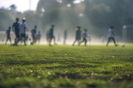 Blurred Soccer Field at School. Young Soccer Players Training on Pitch. Soccer Stadium Grass Background. Generative AIの素材