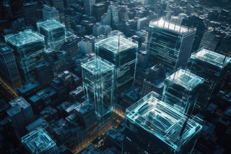 Building rooftops in New York City as seen from above. Helicopter view of the cityscape of a large city. Holographic artificial intelligence concept. Robotics, artificial intelligence, machine learnin. Generative AIの素材