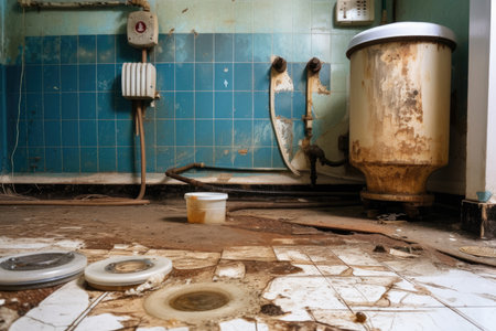 A utility room contains a leaking water heater with a puddle of water emerging from the bottom and the regulator dial and water line clearly visible. Generative AIの素材