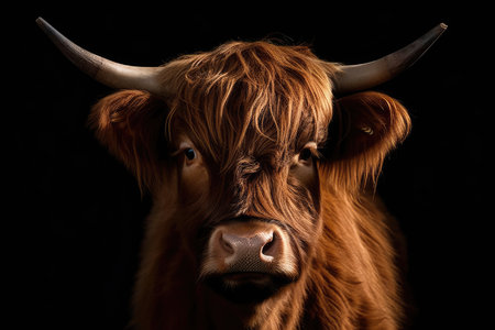 Brown Highland Cattle, Bos taurus taurus, with horns on its head. Domesticated cow isolated on black background looking at camera. Generative AIの素材