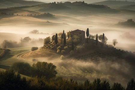 Beautiful Tuscany landscape in the fog. Generative AIの素材