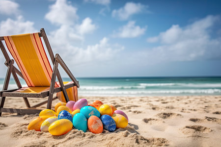 Easter eggs in various colors on a beach chair During an Easter holiday in the Caribbean, a pair of flip flop sandals are positioned next to a beach umbrella. Generative AIの素材