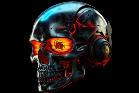 Illustration of a human skull in a futuristic metal helmet with bright red messages on the glass and an orange, blue, and scratched finish. floating in space is a dead guy. game prize, rank advancemen. Generative AIの素材