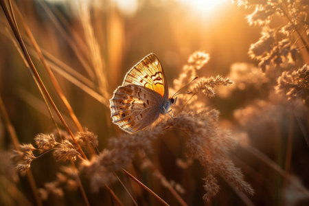 Golden butterfly glows in the sun at sunset, macro. Wild grass on a meadow in the summer in the rays of the golden sun. Romantic gentle artistic image of living wildlife. Generative AIの素材