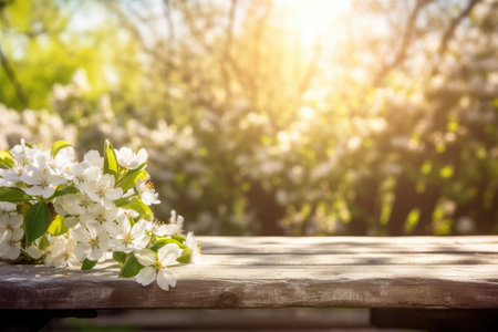 In front of a wooden table, a springtime background with white blossoms and sunbeams. Generative AIの素材