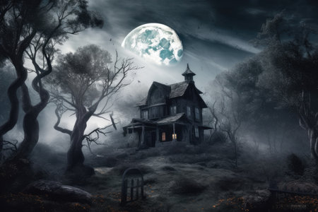Haunted house for Halloween in a woodland. Illustration created by AI. Generative AIの素材