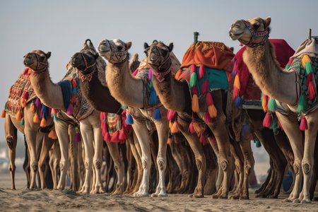 In Sea Line, Qatar, camels dressed in traditional attire wait along the road for tourists interested in camel rides. Generative AIの素材