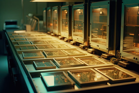 Making of microprocessors in the United States. manufacturing machinery for microelectronics. microelectronics market in the USA. production of microelectronics in the United States. factory for Ameri. Generative AIの素材