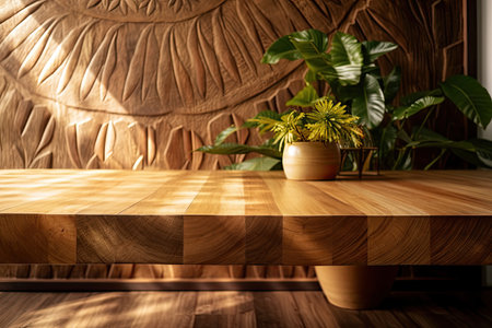 Beautiful sunshine on a teak wood wall decoration panel can be seen in the background of a magnificent wooden table backdrop used for product displays. a counter. Generative AIの素材