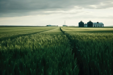 Grain elevators and a green field of sprouting wheat can be seen in the distance. Generative AIの素材