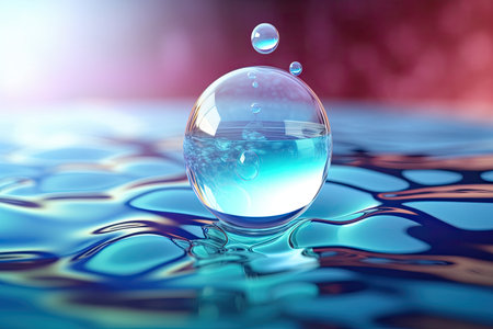 Molecule inside a liquid bubble, cosmetic essence, and a background of water. Generative AIの素材