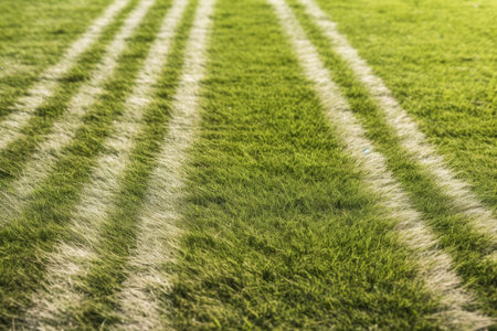 Green grass on a soccer pitch with an artificial grass background and texture in the foreground. Generative AIの素材