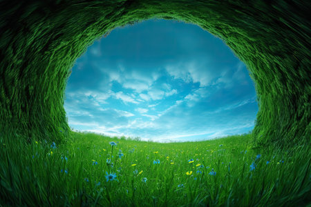 Inside a circular frame of green grass is a blue sphere shaped planet. Generative AIの素材