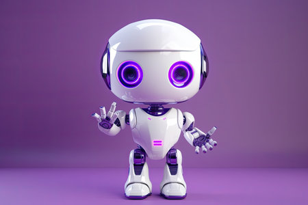 Hello screen and cute robot with raised, isolated on a purple background. technological idea. Generative AIの素材