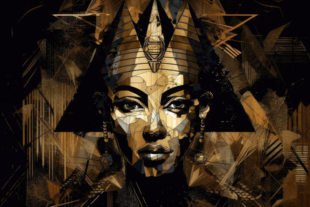 Egyptian abstract backdrop, the Egyptian goddesses Bastet and Cleopatra, and a dark, abstract background with pyramids. Generative AIの素材