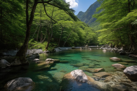 National Park of Chubu Sangaku. Kamikochi is the location. Mountains named Hotaka are nearby. Matsumoto,Nagano,Japan. end of June. Generative AIの素材