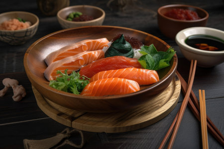 Japanese food. Asian cuisine On a circular wooden dish with sushi. Background of stone. Generative AIの素材