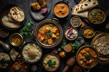 Indian food specialties include samosas, chapati, chutney, paneer, dahl, and tikka masala. Indian cuisine with a dark setting. Indian and Pakistani food selection, top view or flat lay. Generative AIの素材