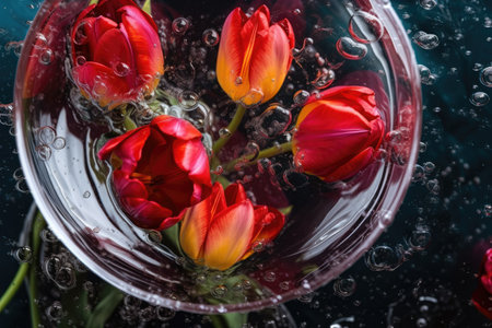 Flowers in a glass of water with splashes and droplets. Background of a red flower with yellow petals. aesthetic of abstract flowers. Botanical art drops and blobs. Generative AIの素材