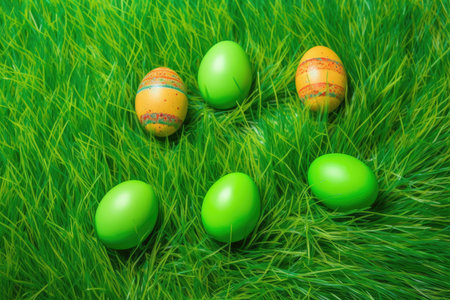 Green grass and Easter eggs. Idea of the spring holidays. Generative AIの素材