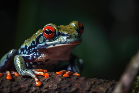 Frog with red eyes perched on branch. Generative AIの素材