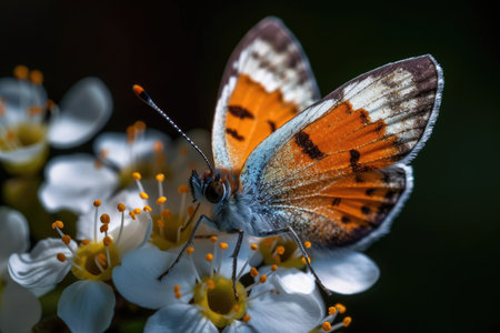Macro pictures, lovely natural setting. Beautiful butterfly in closeup perched on a blossom in a summer garden. Generative AIの素材