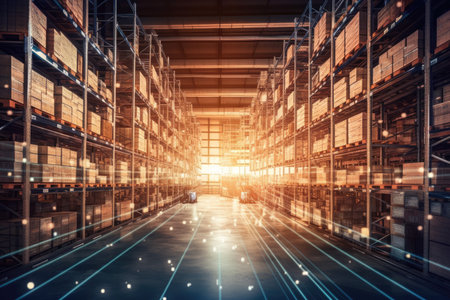 Intelligent internet of things technology combined with a smart warehouse management system can track package picking and delivery. Business supply chain and logistical network concept for the future. Generative AIの素材