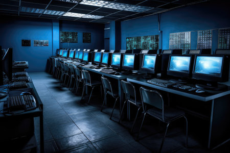 Group of computer neatly placed in a computer lab. Generative AIの素材