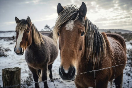 Horses in a paddock in winter weather looking at the camera. Generative AIの素材