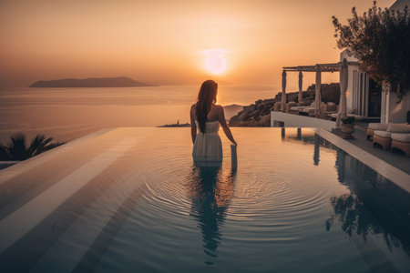 In Greece, an elegant woman in a white dress relaxes by the pool as the sun sets over the Aegean Sea. Generative AIの素材