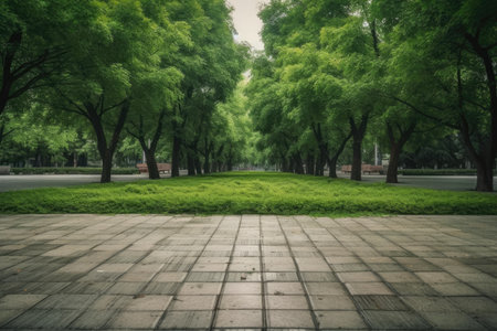 Green trees and an empty square floor in a park. Generative AIの素材