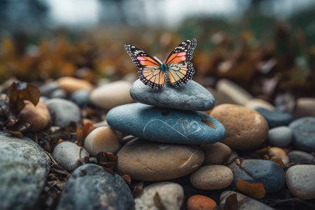Harmony of Life Concept. Surrealist Butterfly on the Pebble Stone Stack in Garden. Metaphor of Balancing Nature and Technology. Calm, Mind, Life Relaxing and Living by Nature. Generative AIの素材