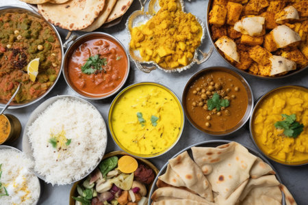 Indian ethnic food buffet on white concrete table from above curry, samosa, rice biryani, dal, paneer, chapatti, naan, chicken tikka masala, mango lassi, dishes of India for dinner background. Generative AIの素材