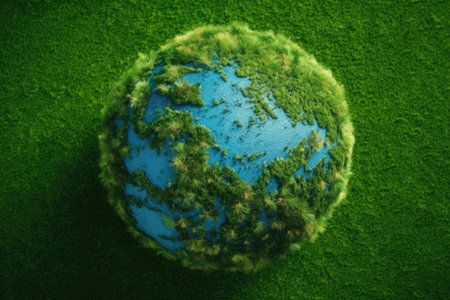 Green grass in the shape of a world globe, isolated on a blue background. Generative AIの素材