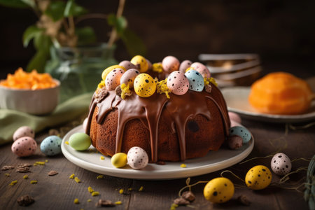 Lemon cake for Easter decorated with Easter eggs. Easter gugelhupf cake with chocolate bunnies and marzipan carrots. Generative AIの素材