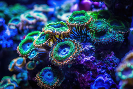 In the reef tank, zoanthid colonies develop from individual frags as the water circulation moves. Generative AIの素材